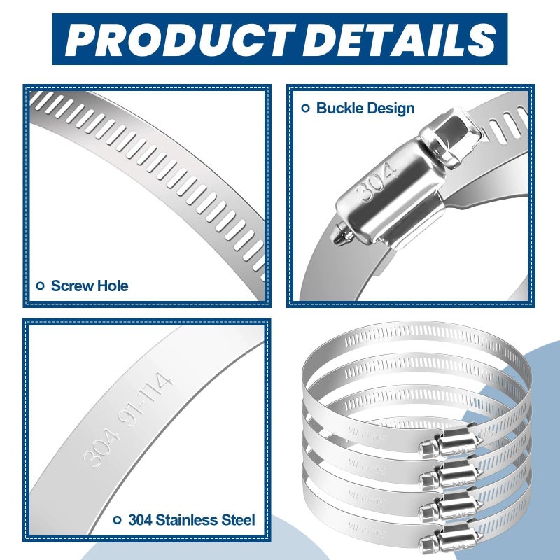 Twdrer 4 Inch 304 Stainless Steel Adjustable Hose Clamp, Worm Gear Duct Clamp Pipe Clamp 91mm-114mm for Plumbing, Automotive, Dryer Vent, Mechanical Applications (12) - Image 3